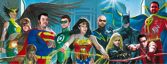 Sonia Harris' portrait of the iFanboy lineup circa 2008. Hawkgirl quit when her origin changed again.